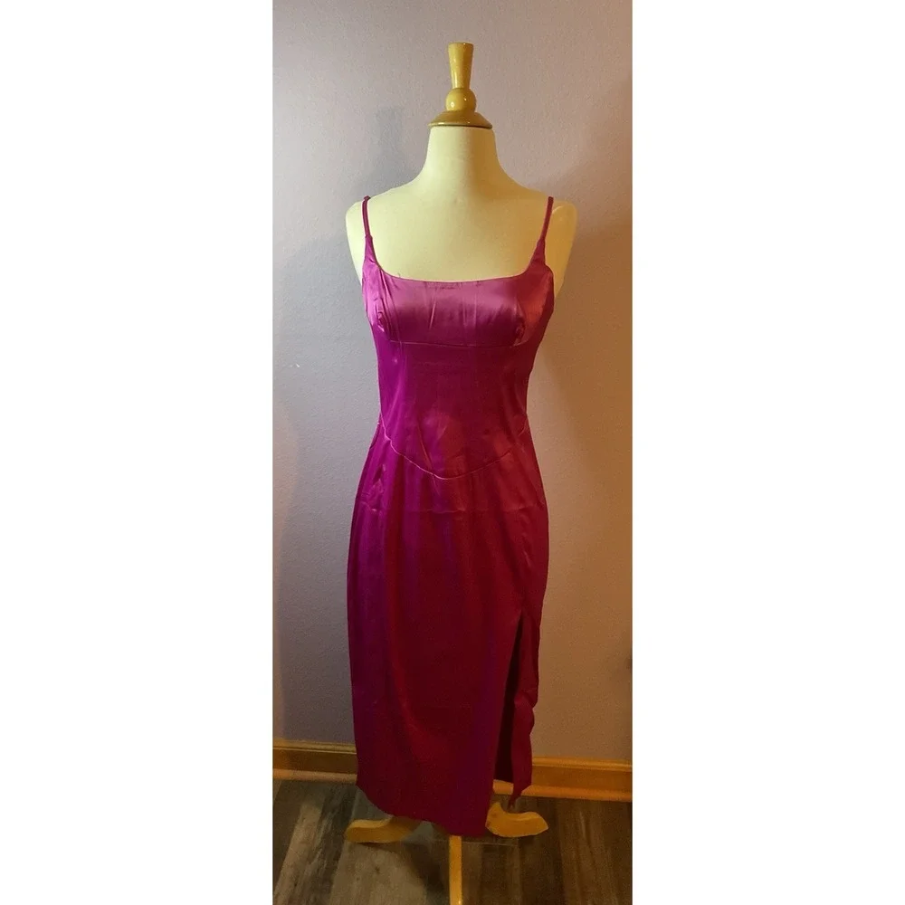 Edit By Nine Hot Pink Satin Maxi Dress Slit Size Medium Barbiecore New - Picture 1 of 3